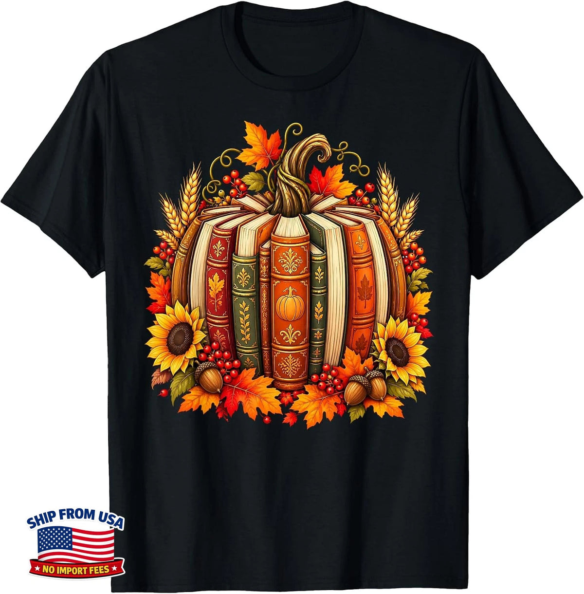 Pumpkin Books Autumn Librarian Reader Fall Thanksgiving T-Shirt