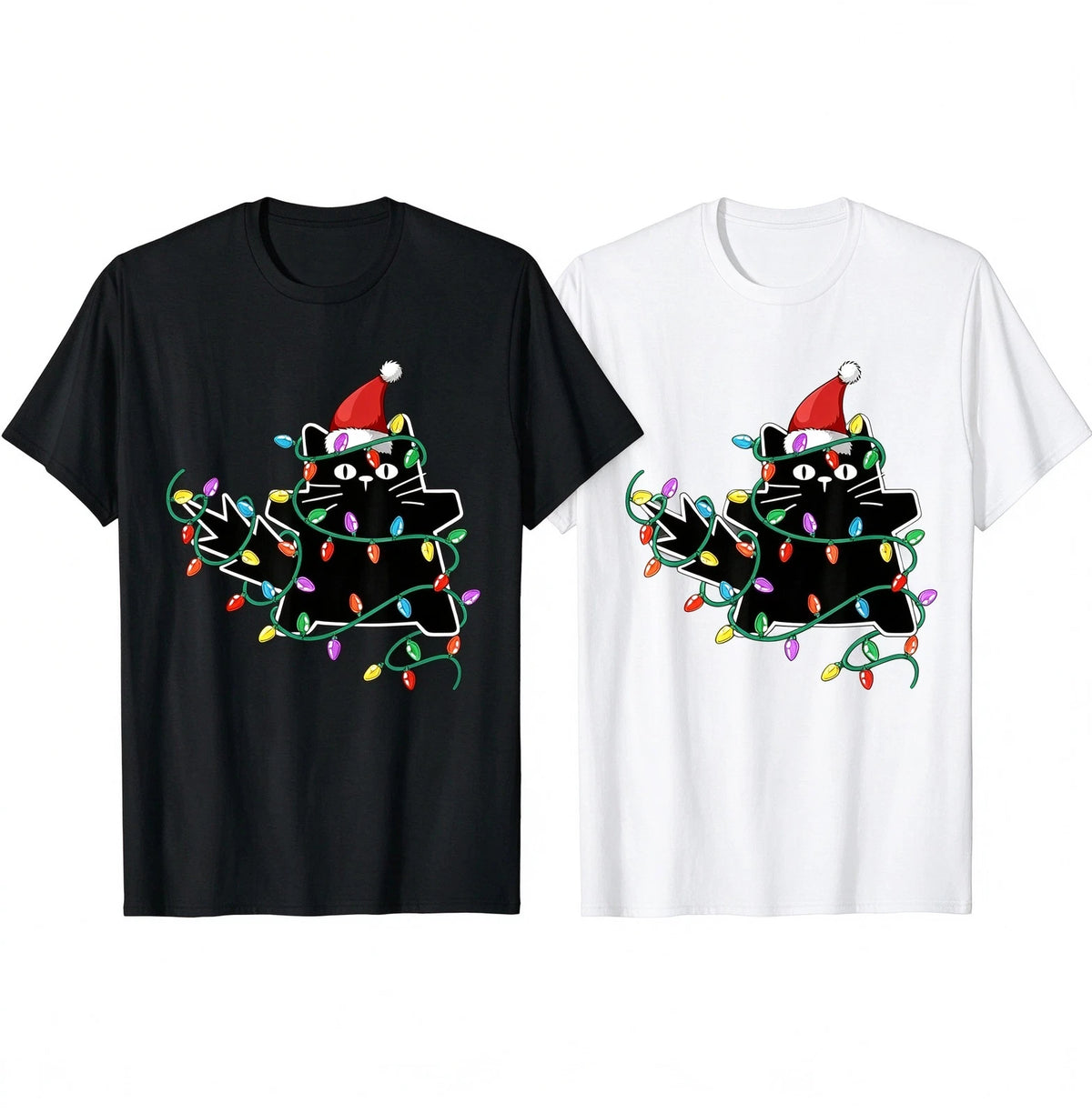 Christmas Cat Xmas Lights Graphic T-Shirt SIZE S-5XL Image 1 of 4