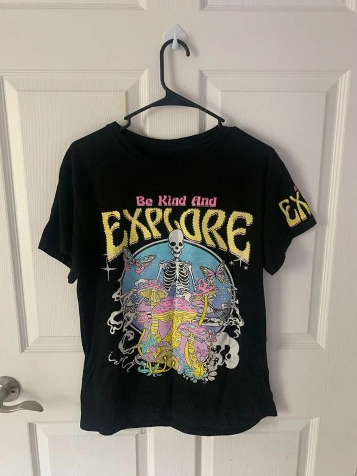 Black "Be Kind And Explore" Skeleton Mushroom Graphic Tee