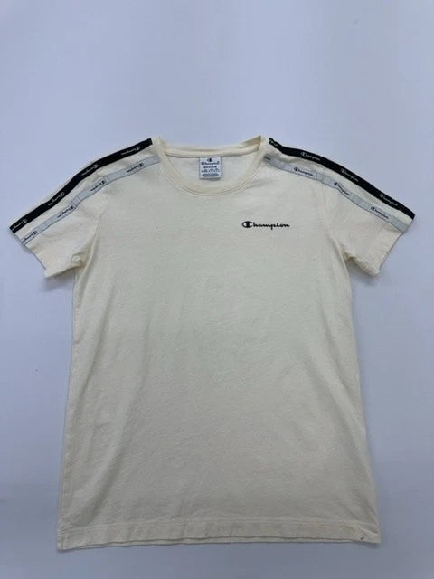 Champion Men Cream Striped Trim Logo T-Shirt Size M Condition Descriptor