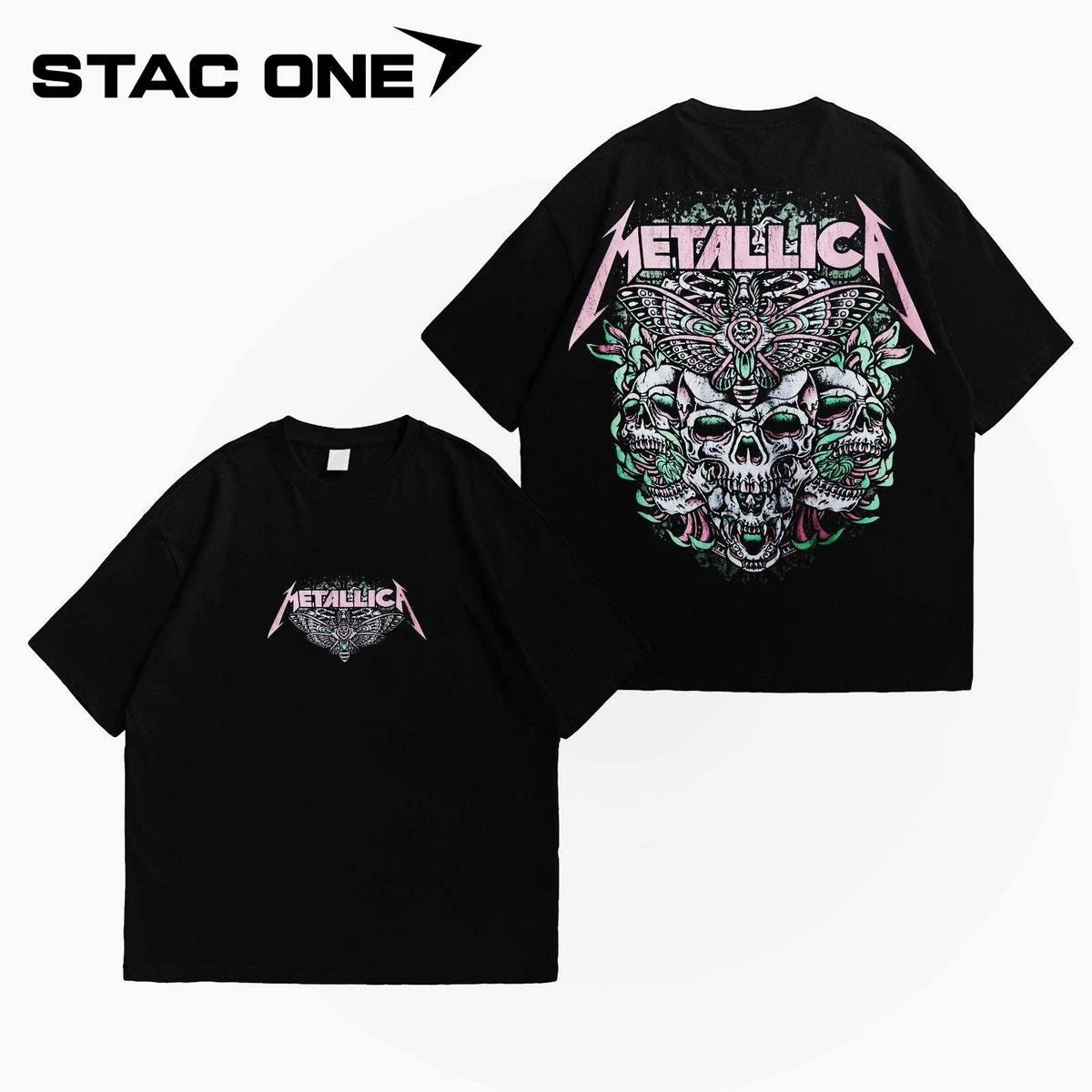 Black Metallica Moth Skull Rock Band Double‑Sided Graphic Oversized Tee