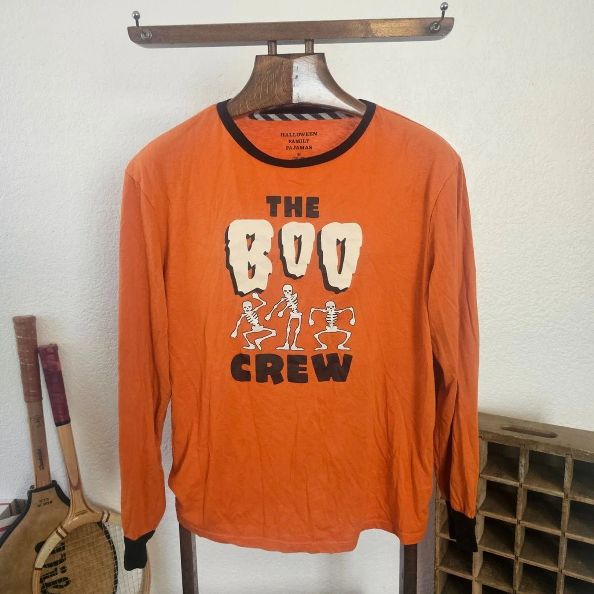 The Boo Crew Halloween Pajama Shirt M Orange Long Sleeve Skeleton Graphic Top