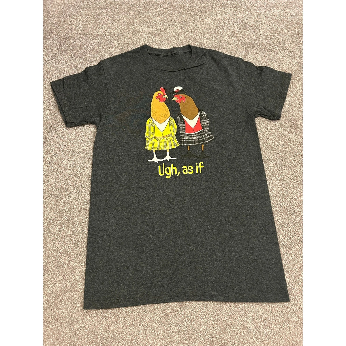Vintage Clueless Parody Chicken Graphic T-Shirt Small Charcoal Gray Excellent