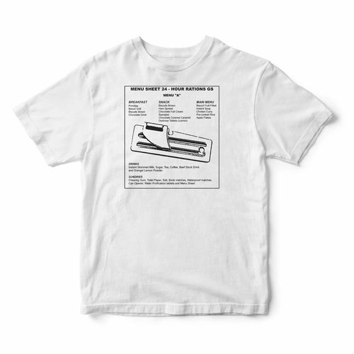1984 British Armed Forces 24 Hour Ration Pack GS Menu A & Tin Opener Art T-shirt