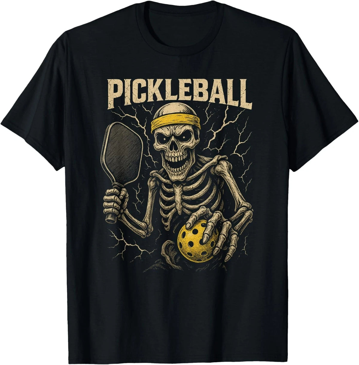 Spooky Skeleton Pickleball Player Graphic T-Shirt for Halloween Fun