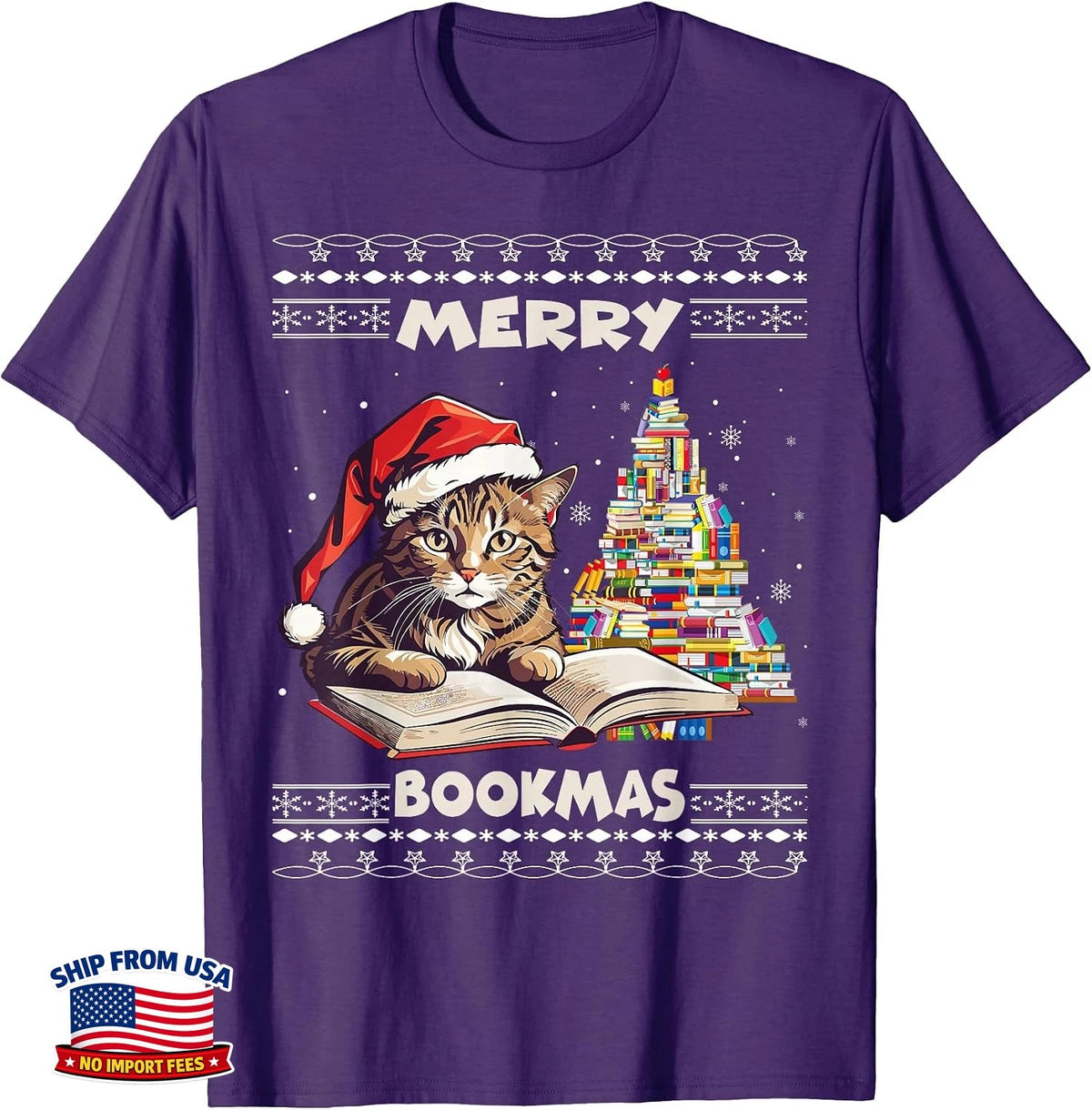 Merry Bookmas Cat Reading A Book Ugly Christmas Sweater Men Women Kids T-Shirt