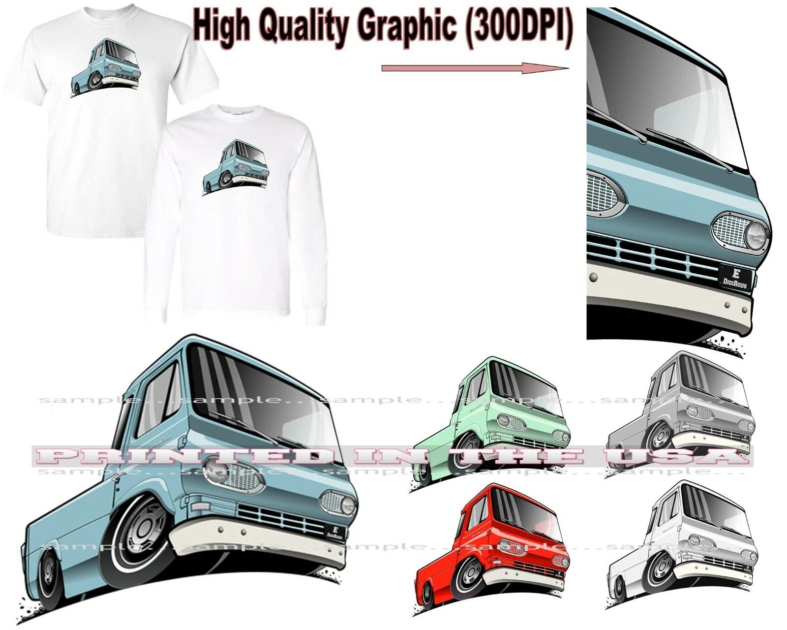 Ford Econoline E Series 1960s Van Pickup Truck DigiRods Cartoon Car T Shirt