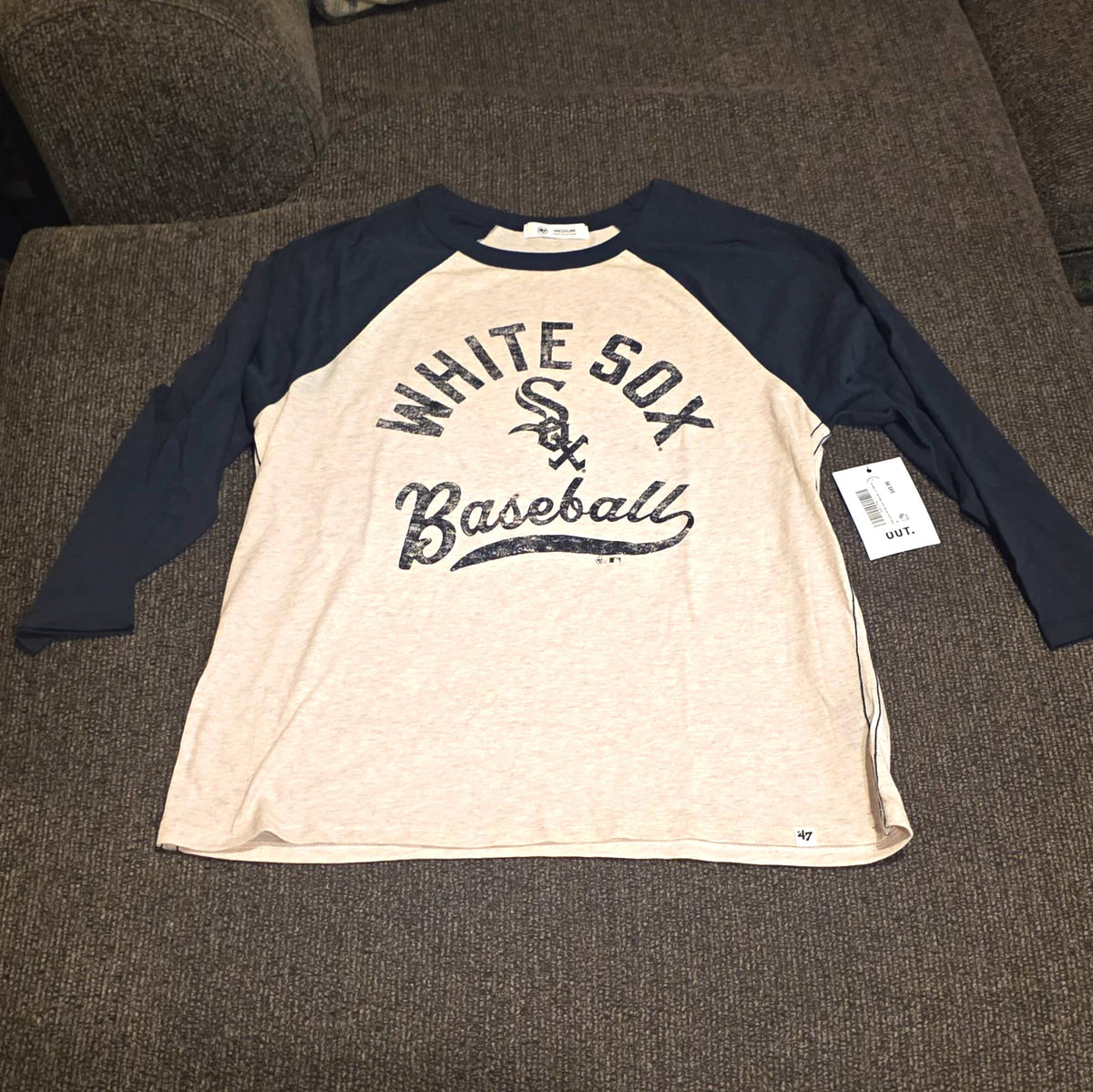 ’47 Chicago White Sox Raglan Tee M Gray/Black Crew Neck 3/4 Sleeve
