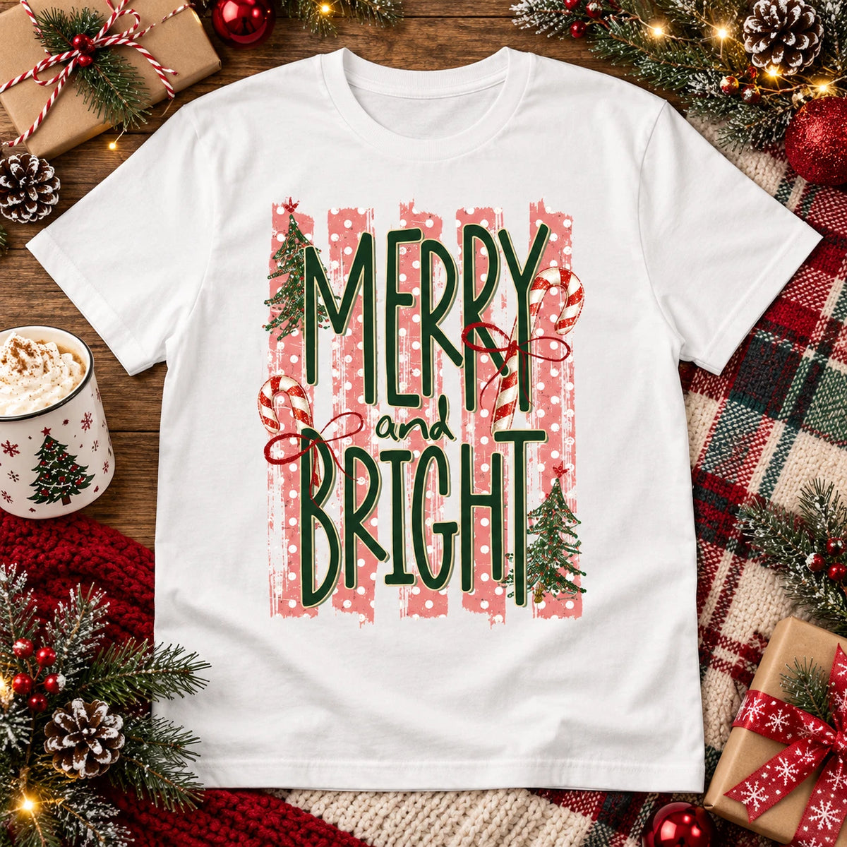 Merry And Bright Shirt Candy Cane Striped Christmas Top Unisex Tee
