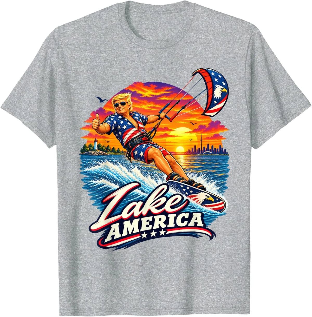Funny Lake America Est 2026 American Patriot Retro Sunset Unisex T-Shirt Image 1 of 2