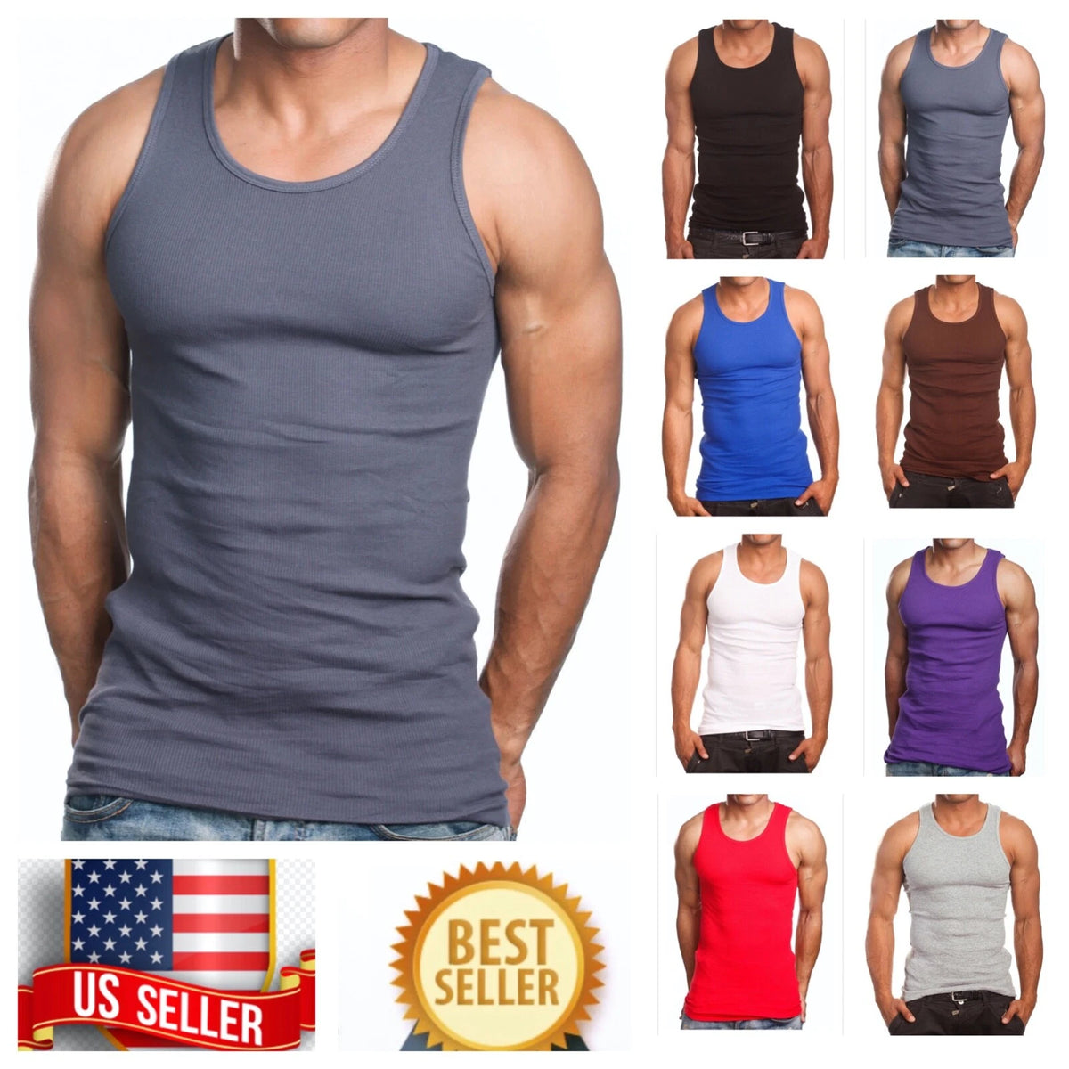 Men S-5XL 100% Cotton Tank Top T-Shirt A-Shirt Muscle Ribbed Wife Beater Tee Gym Image 1 of 4
