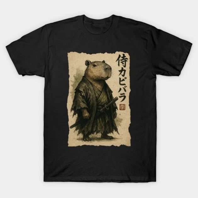 Retro Japanese Ink Art Samurai Capybara Illustration Graphic T‑Shirt Image 1 of 4