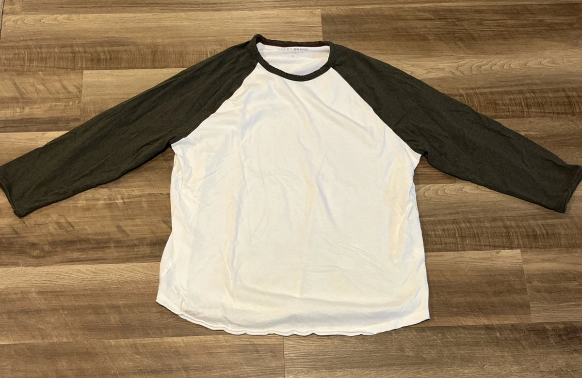 Lucky Brand Mens Large Baseball Tee White Olive Knit Raglan Sleeve