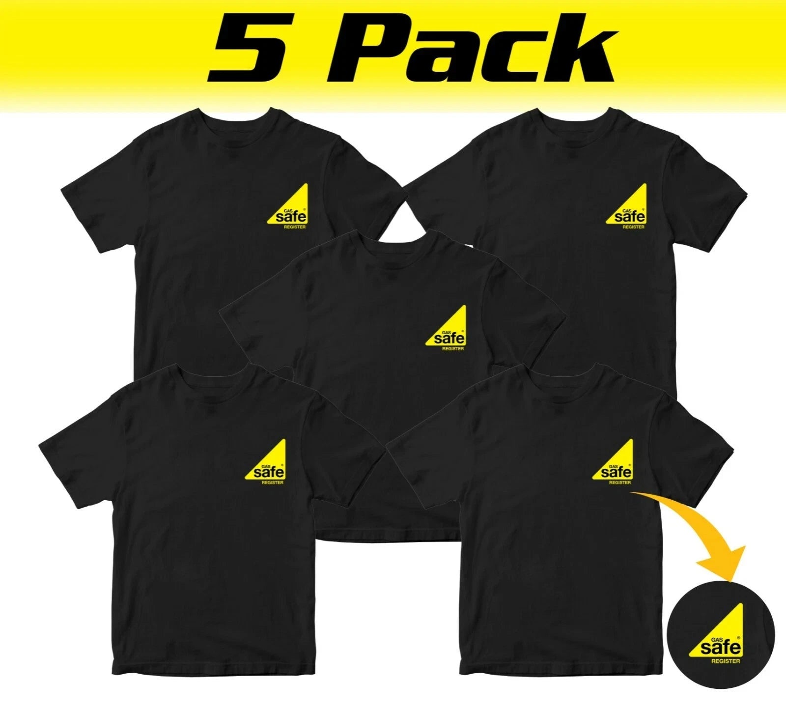 5 Pack Embroidered Gas Safe Register T-shirt Engineer Work Plumber Gas Fitter