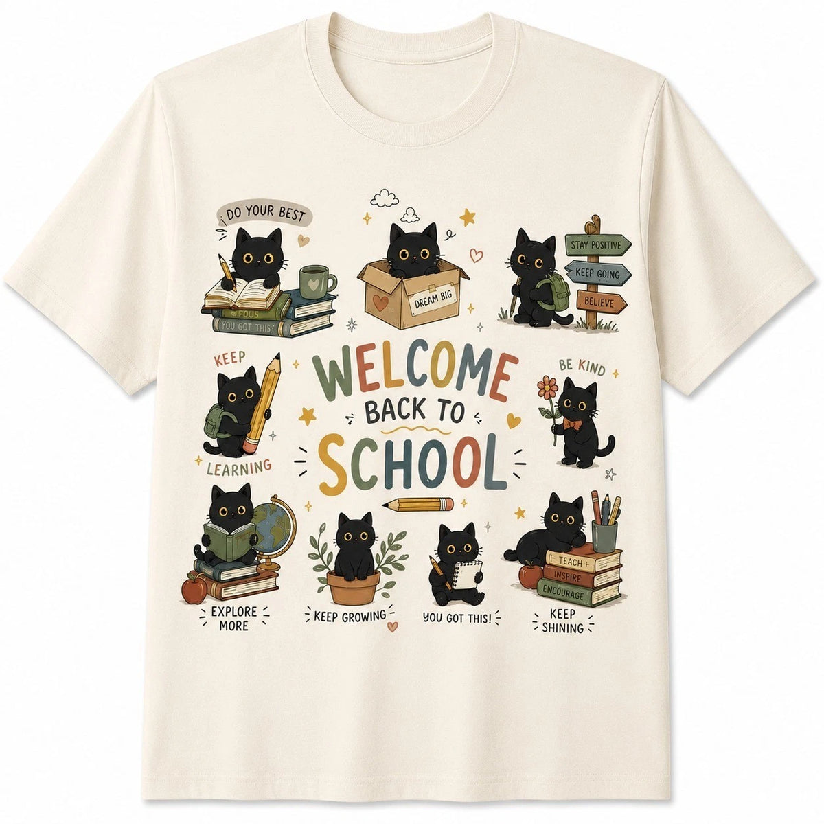 Black Cat Teacher Shirt Welcome Back to School Graphic Tee Cute Teacher Gift