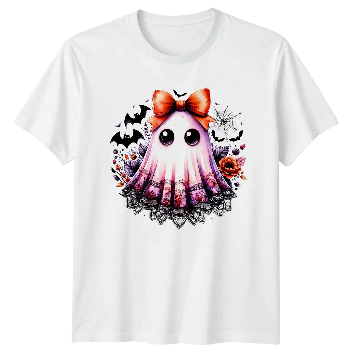Cute Ghost Floral Halloween Graphic Tee Mens Womens Unisex Top