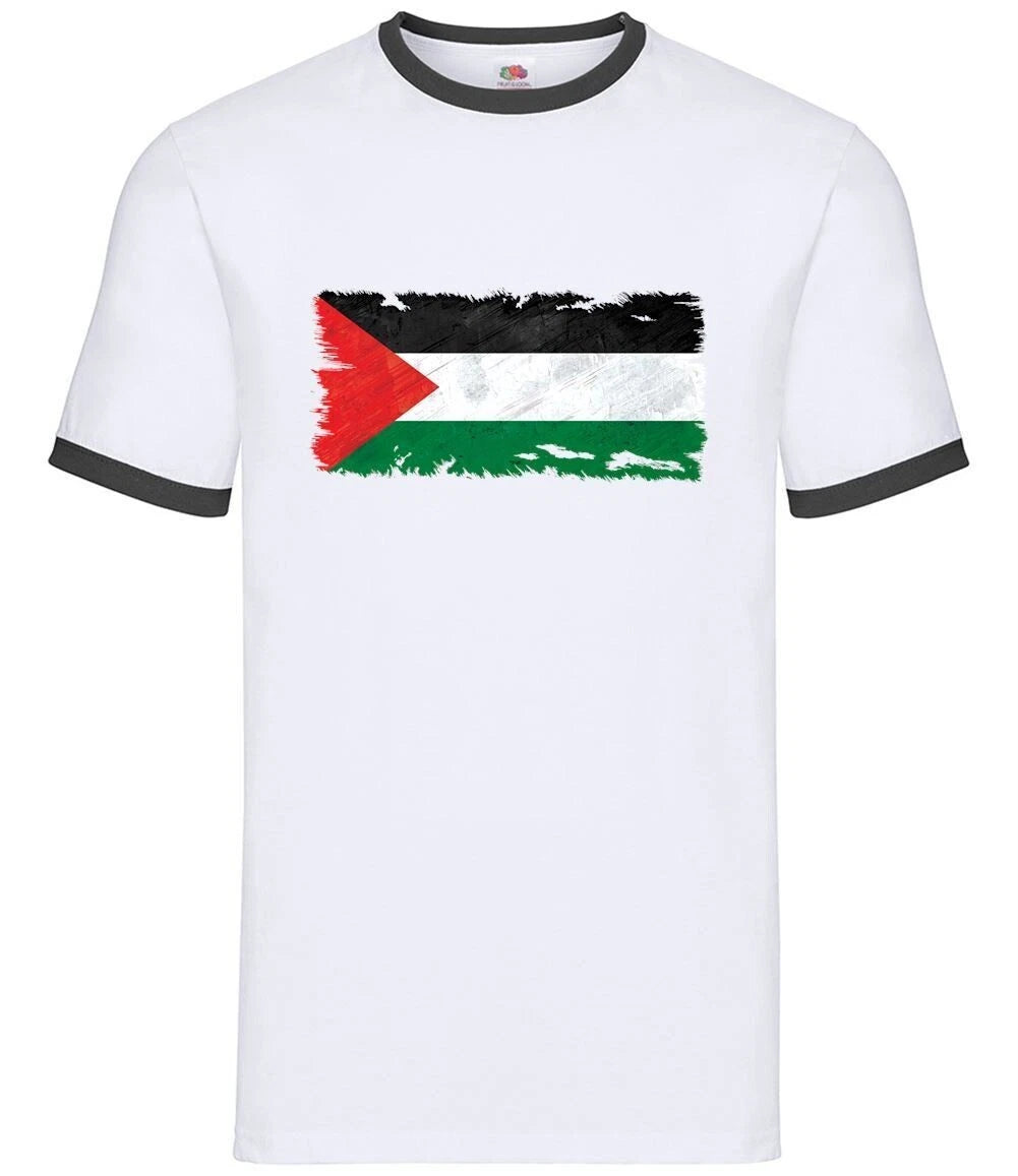 Palestine Grunge Style Men's Flag Ringer T-Shirt - Cotton Short Sleeve