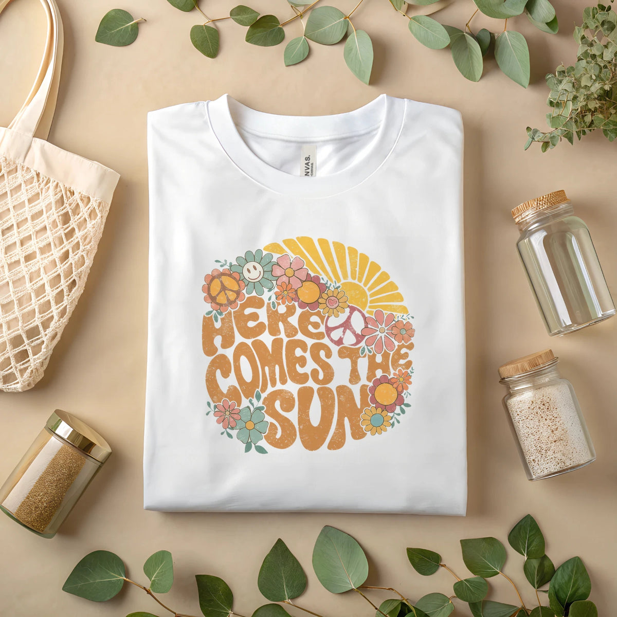 Here Comes The Sun Shirt Retro Groovy Floral Sunshine Hippie Graphic Tee A016