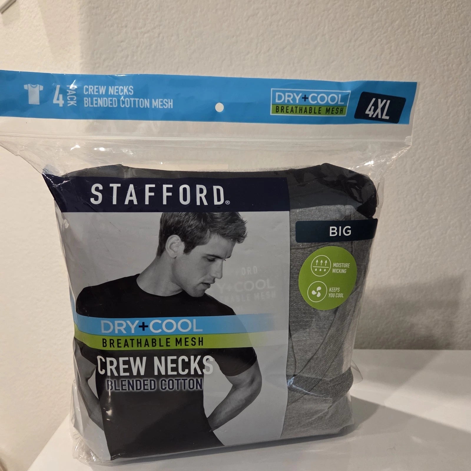 Stafford 4-Pack Men's 4XL Big Dry+Cool Breathable Mesh Crew-Neck Cotton T-Shirts