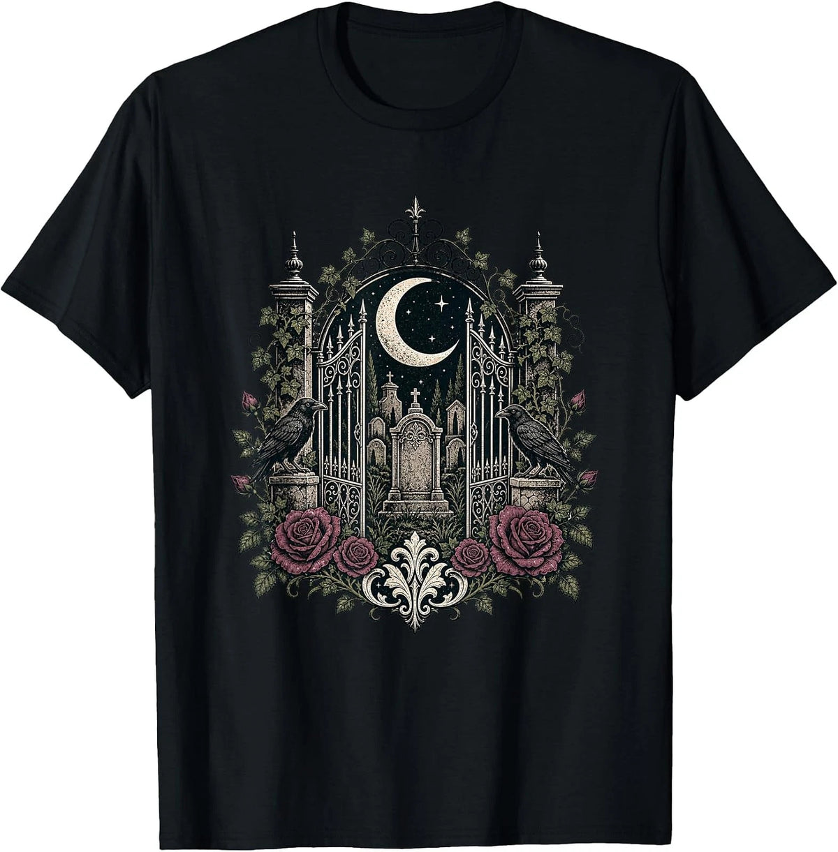 Gothic Cemetery Gate Raven Rose Design  Dark Academia Moon T-Shirt Image 1 of 2