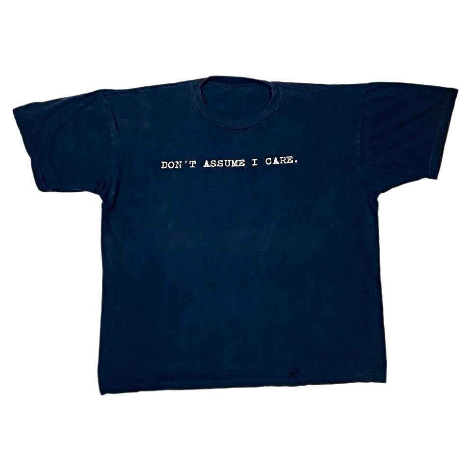 Y2K Funny “DON’T ASSUME I CARE.” Graphic Tee Blue Crew Neck Short Sleeve Mens XL Image 1 of 4