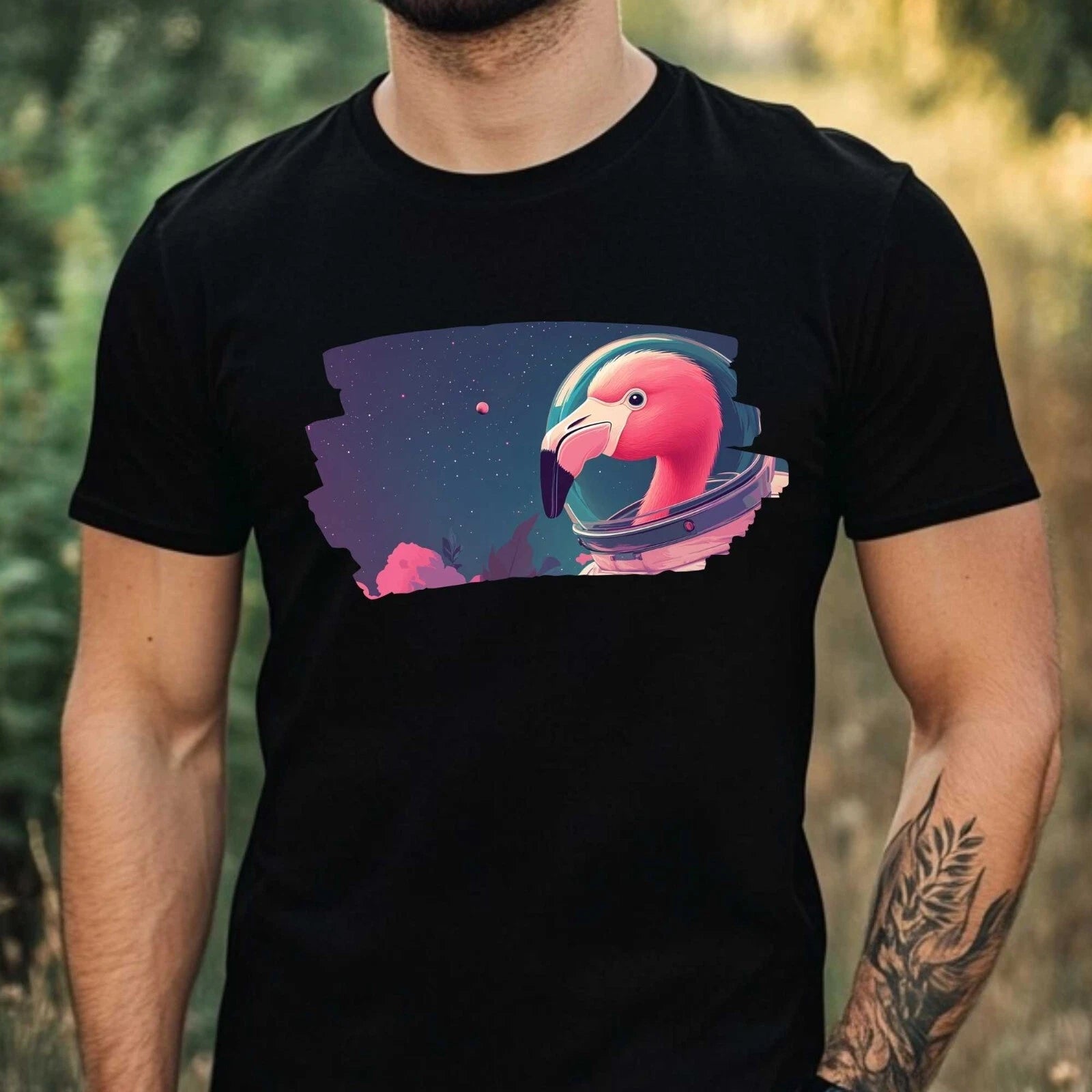 Mens Flamingo Astronaut Print Cotton T-Shirt Size XS to 5XL