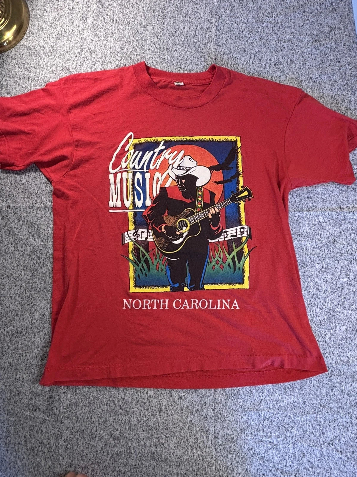 VTG 80s Tshirt Screen Stars Country Music Cowboy Red Tee NC Size XL Distressed