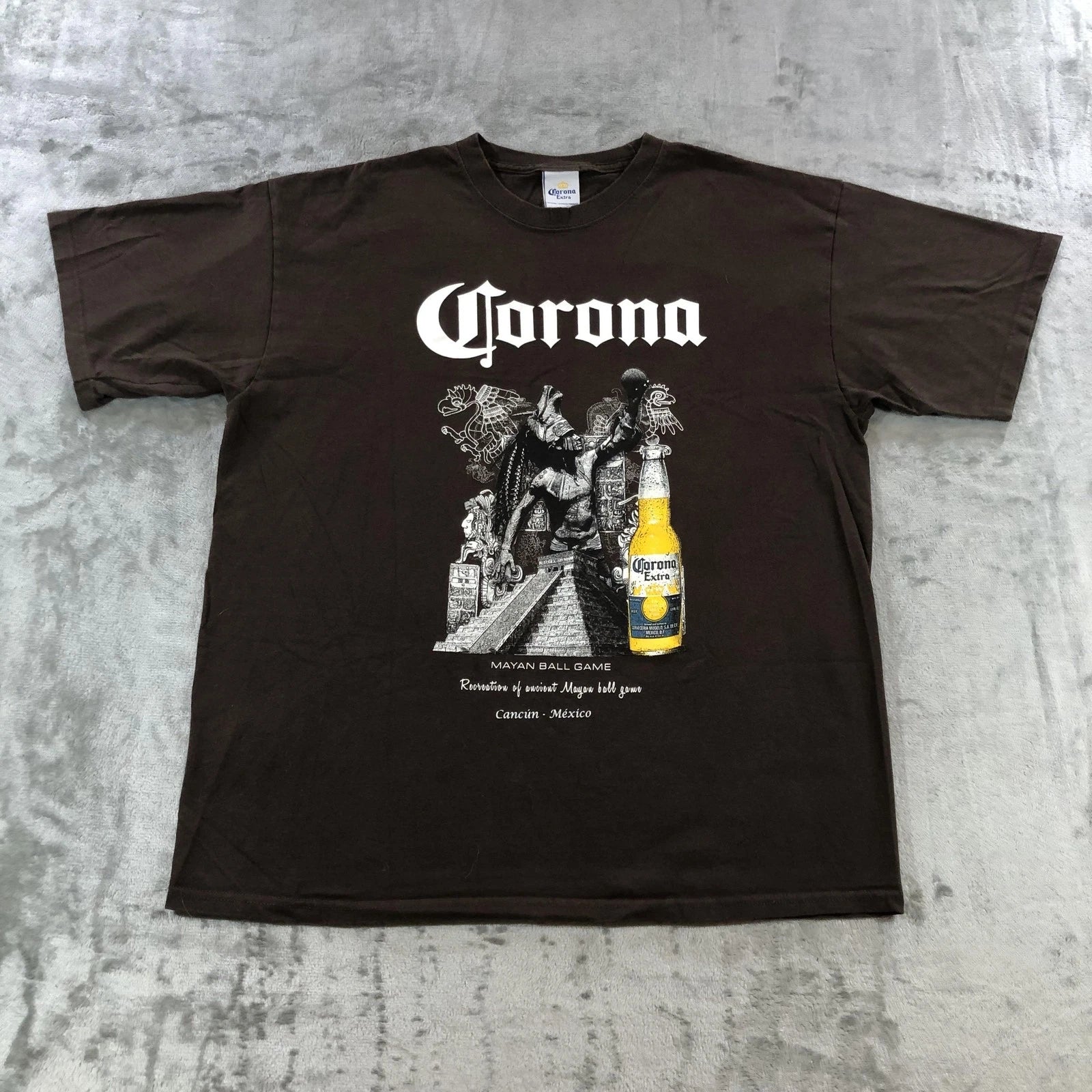 vtg Corona Extra Shirt Mens Large Brown Mayan Ball Game Graphic Beer Tee Mexico