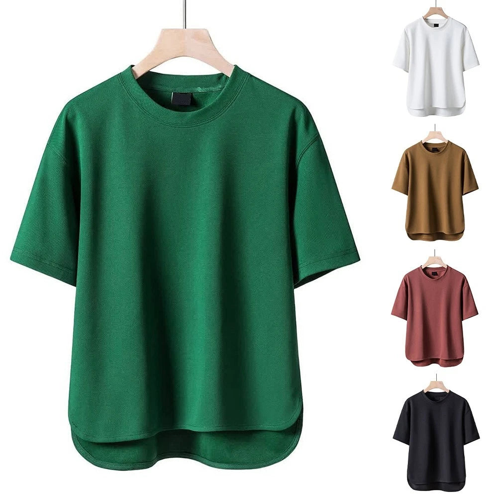 Men Regular Length T Shirt Short Sleeve Solid Color Streetwear Top Green Brown