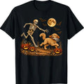 Funny Goldendoodle Dog Stealing Bone from Skeleton Halloween T-Shirt