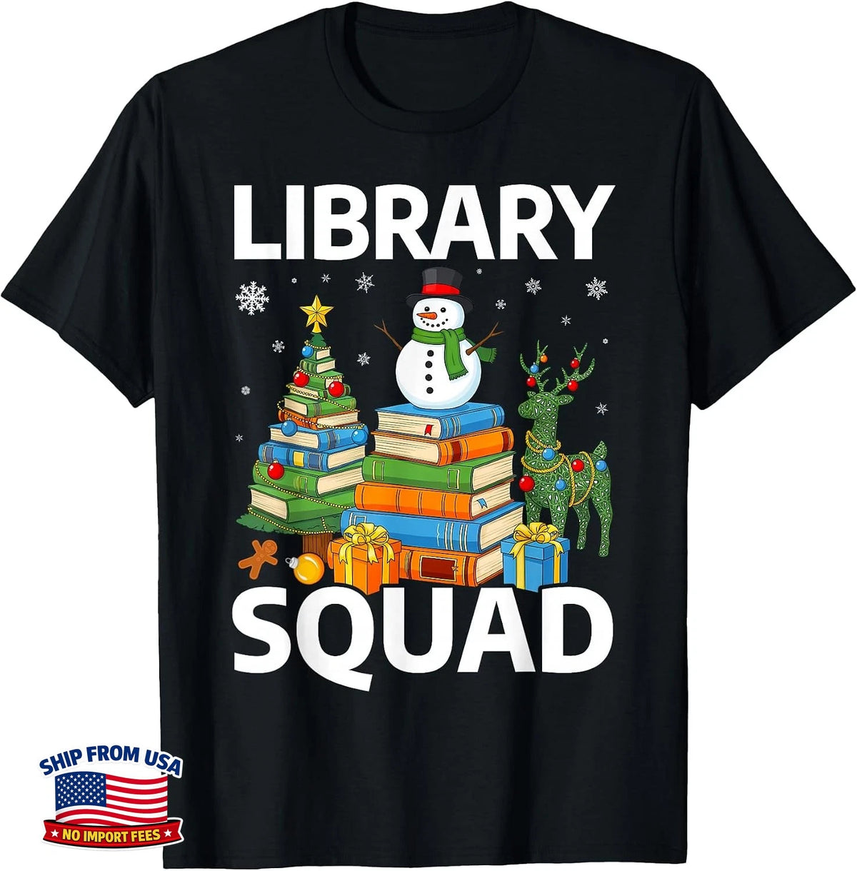 Christmas Librarian Library Books Tree Snowman Reindeer T-Shirt