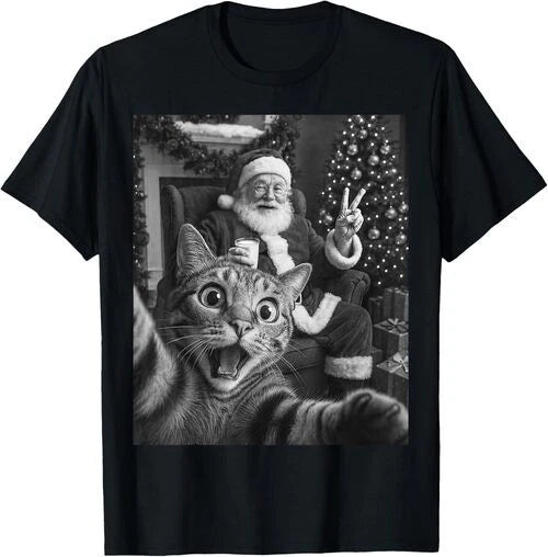 Christmas Santa Claus Merry X-Mas Funny Cat Selfie Short Sleeve All Size Shirt
