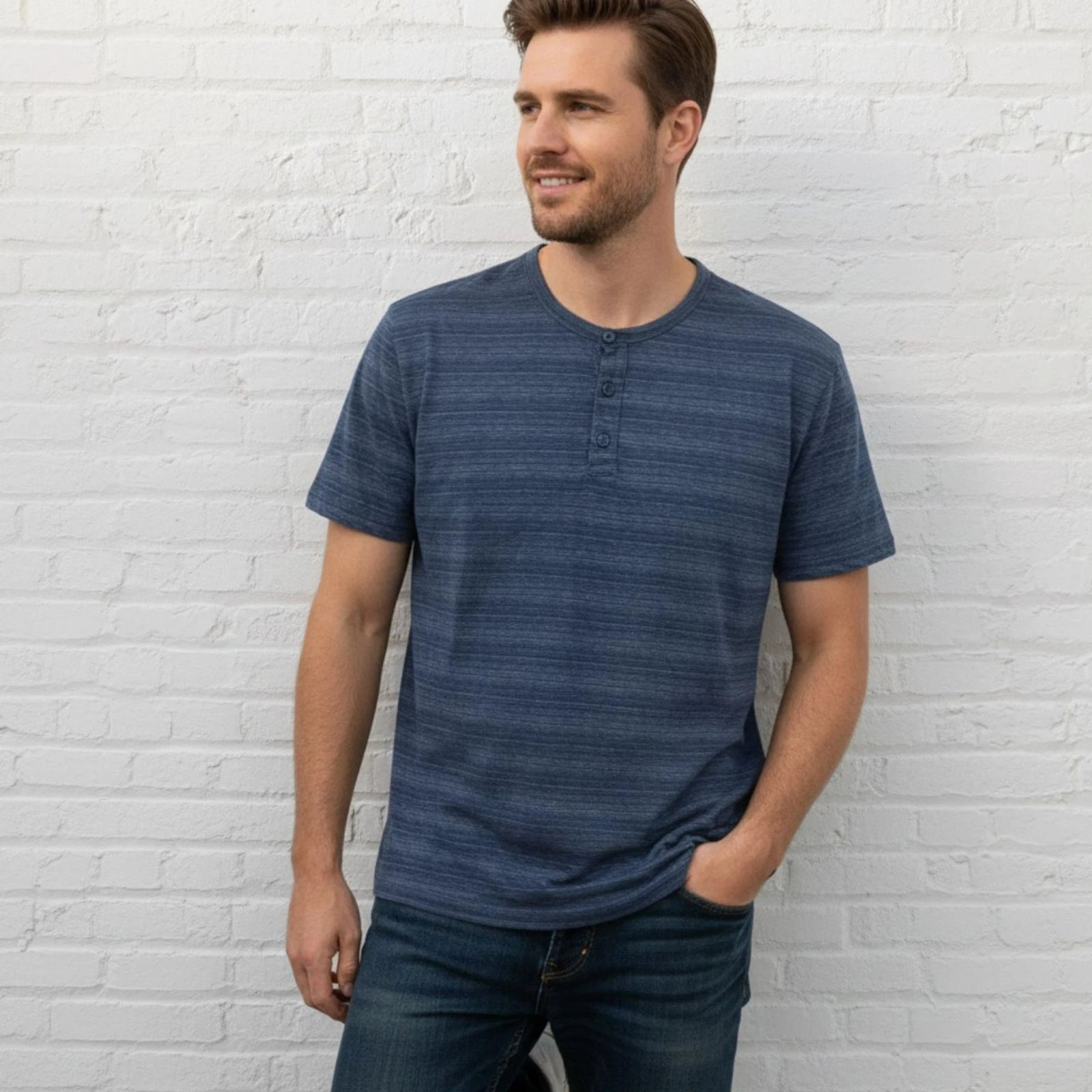 Old Navy Men’s XL Henley Shirt Blue Heathered Stripe Short Sleeve Casual Tee Cot