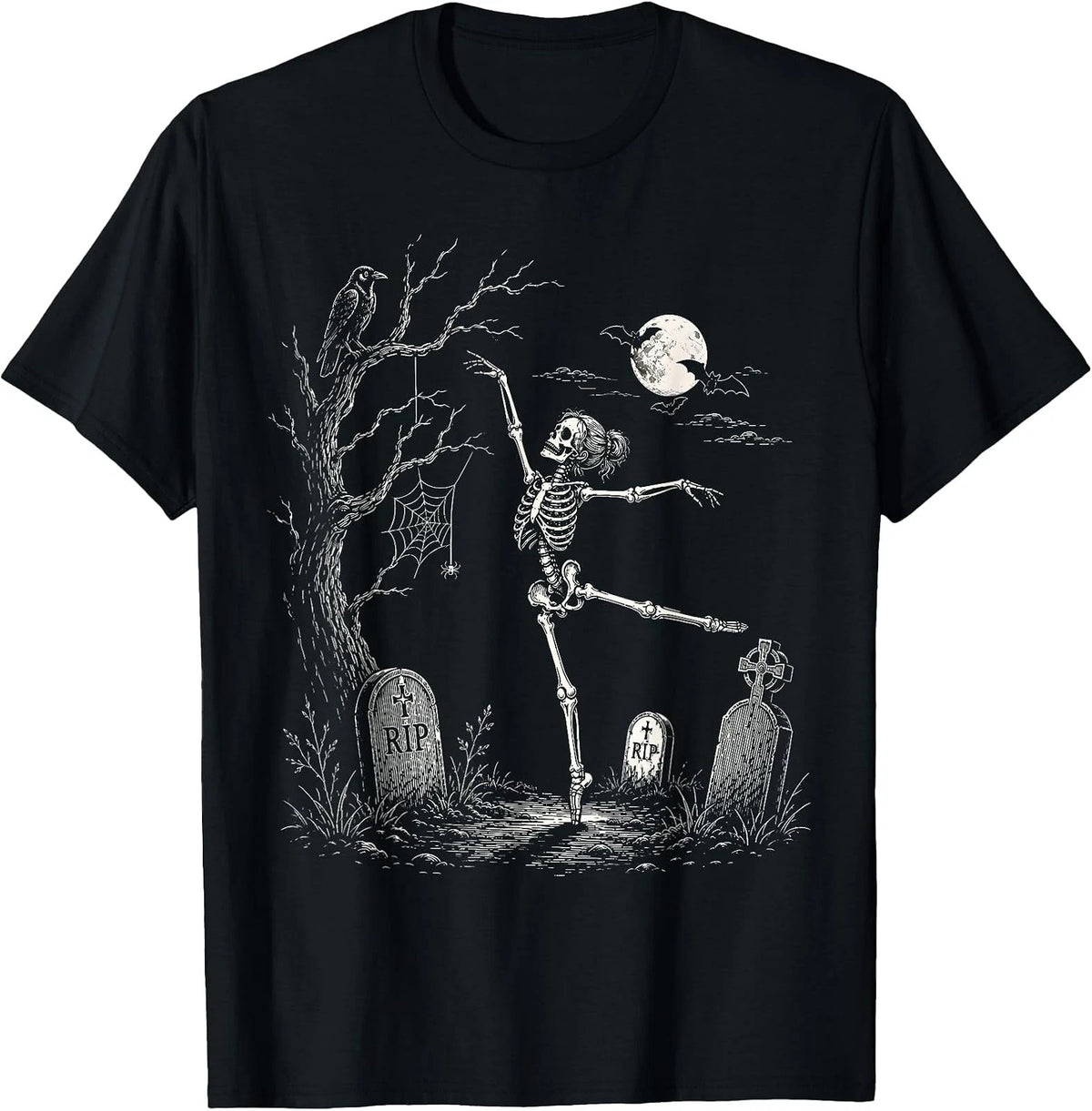Halloween Skeleton Dancing Under The Moon in Cemetery Spooky T-Shirt