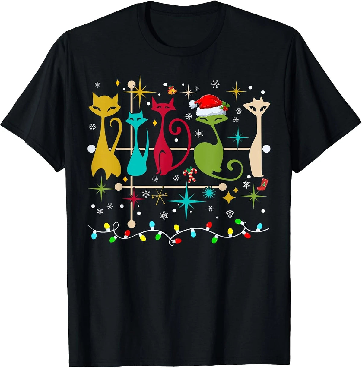 Retro 50s 60s Christmas Cat T-Shirt with Mid Century Modern Design Image 1 of 3
