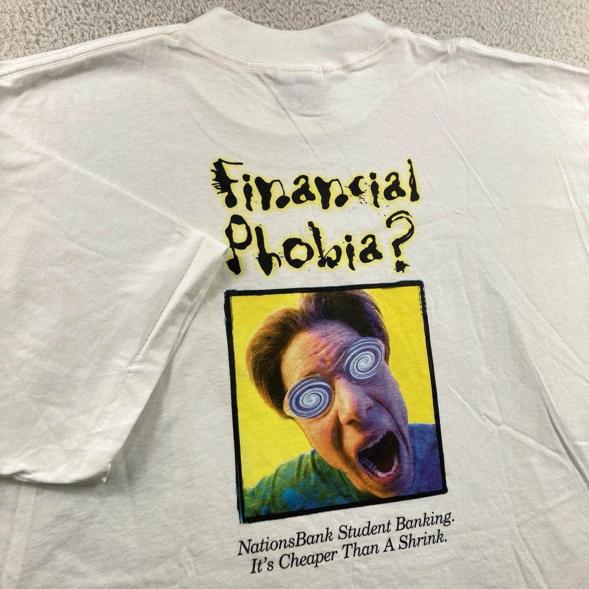 Vintage NationsBank T Shirt Men XL White Financial Phobia Finance Anxiety Stress