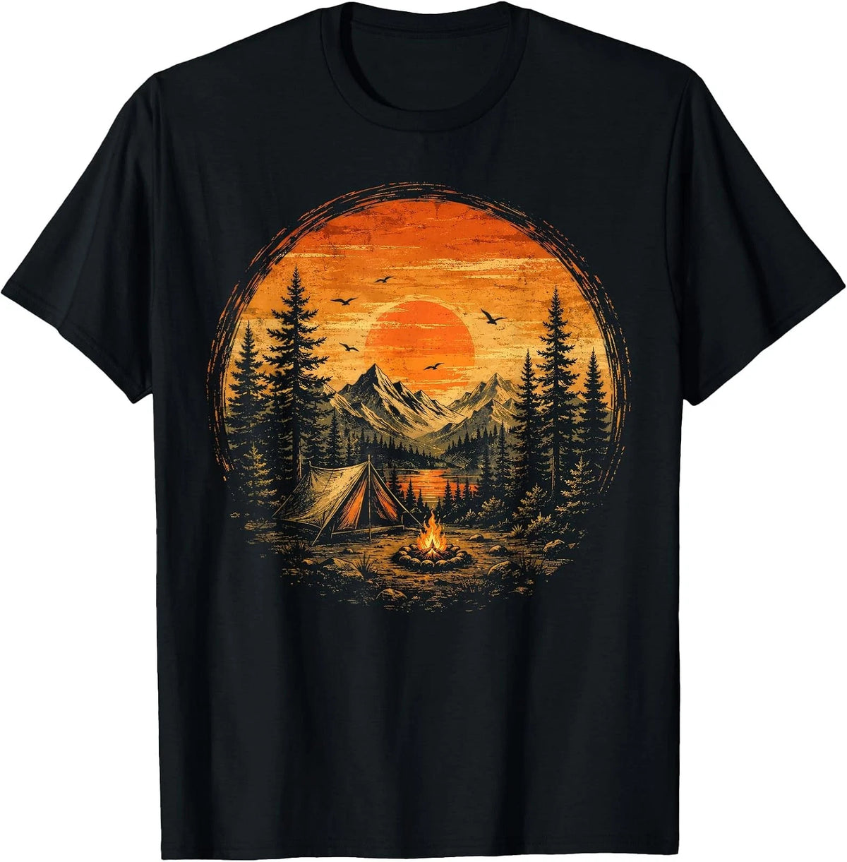 Camping Adventure T-Shirt with Sunset, Mountains, and Campfire Design