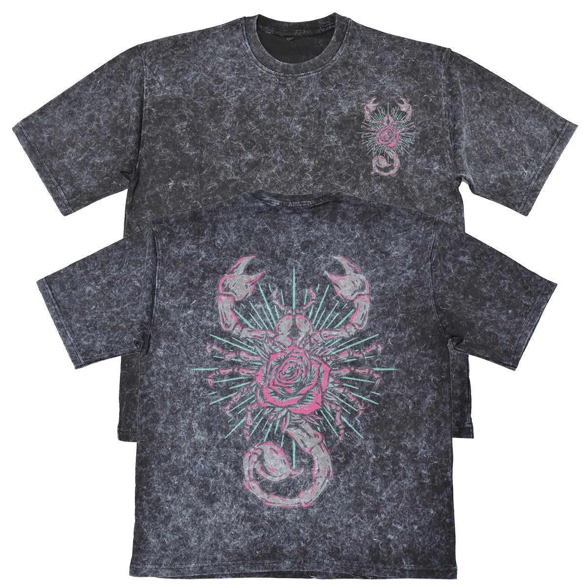 Scorpion Rose Tattoo Womens Carbon Grey French Terry Tee Zodiac Gift For Her