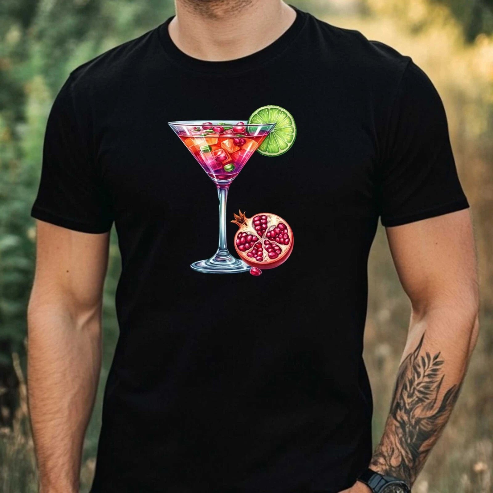 Mens Watercolour Cocktail Motif Cotton T-Shirt Size XS to 5XL