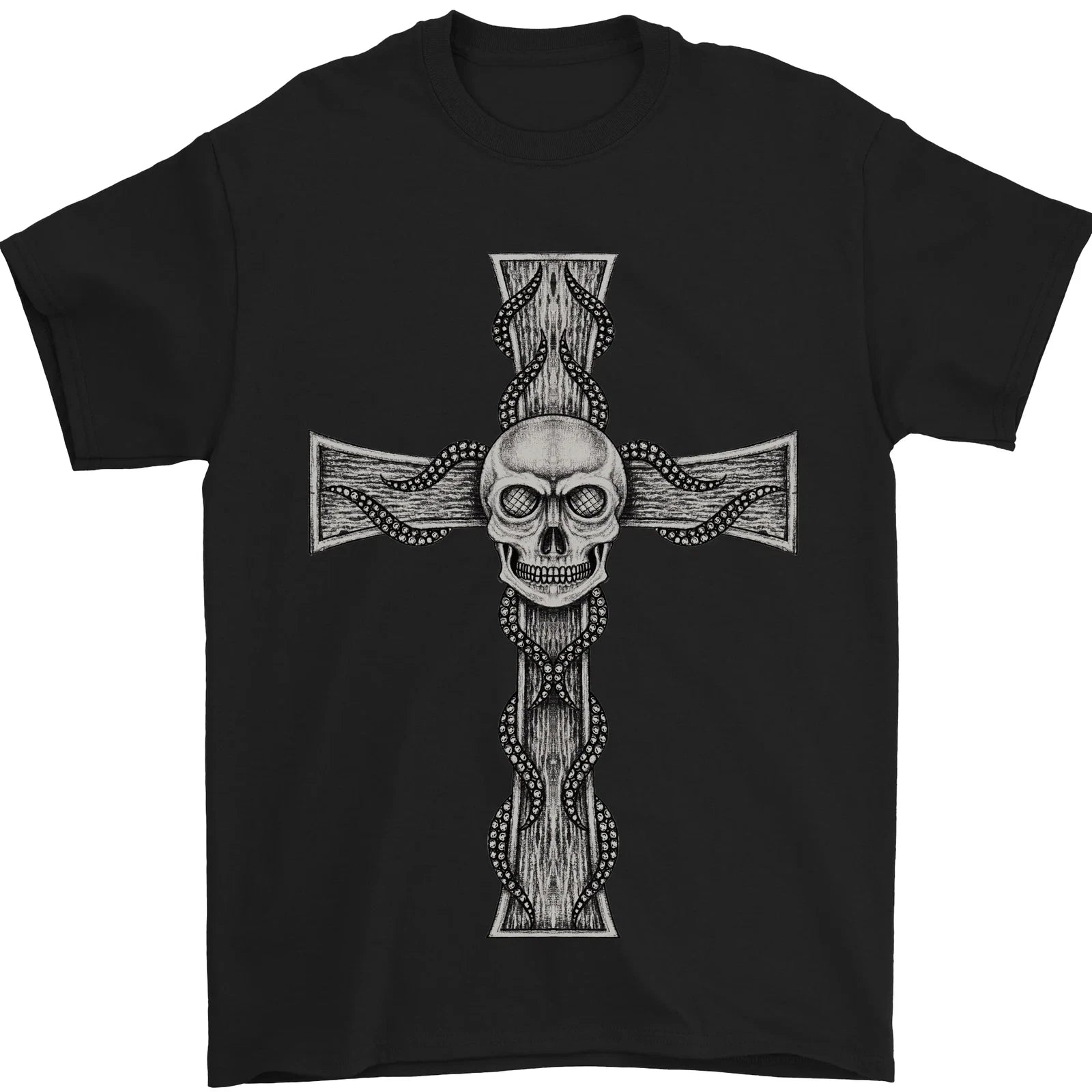 A Gothic Skull and Tentacles on a Cross Mens T-Shirt 100% Cotton
