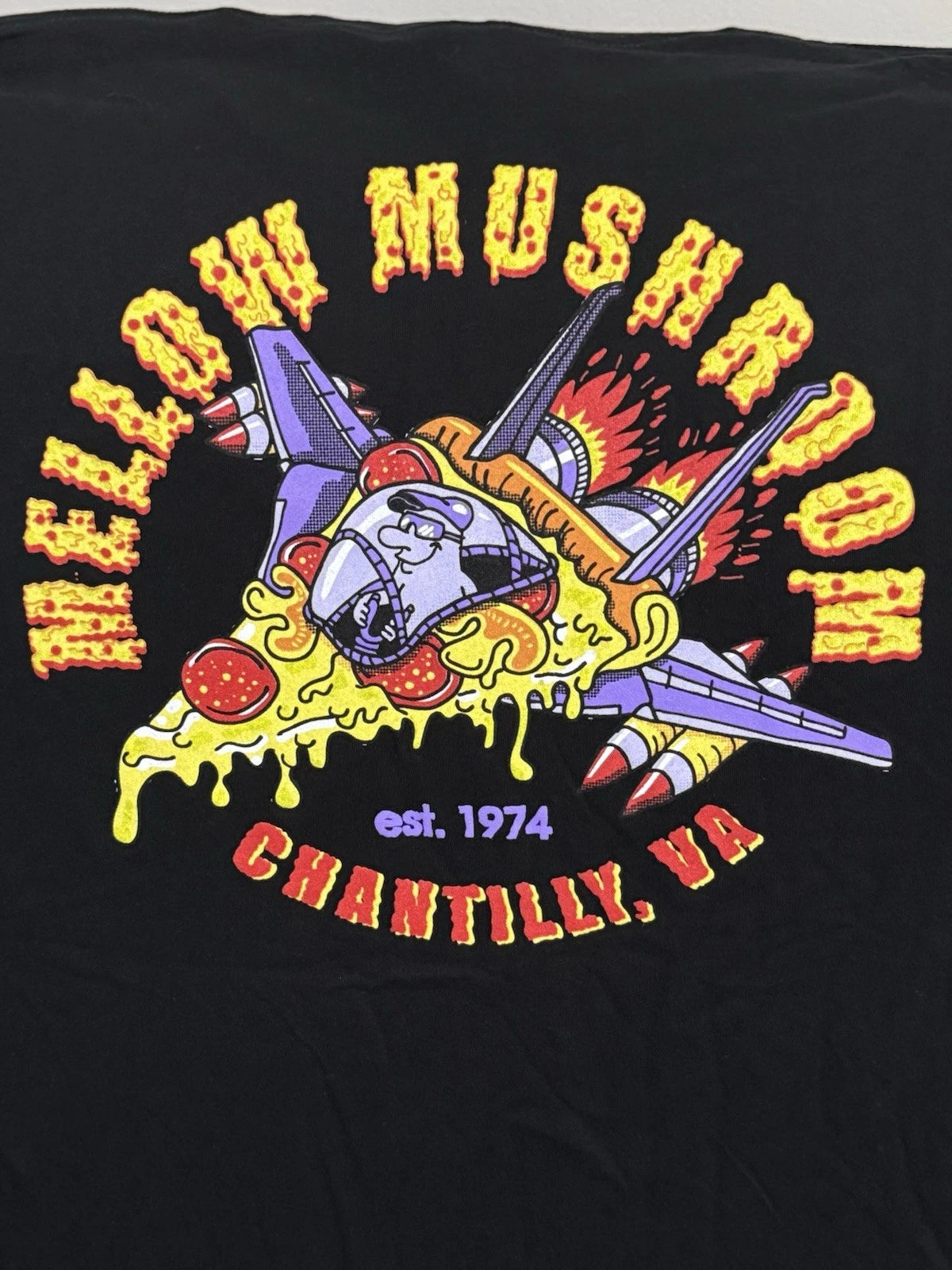 Mellow Mushroom Flying Pizza Jet Chantilly VA Exclusive Crew SMALL T-Shirt