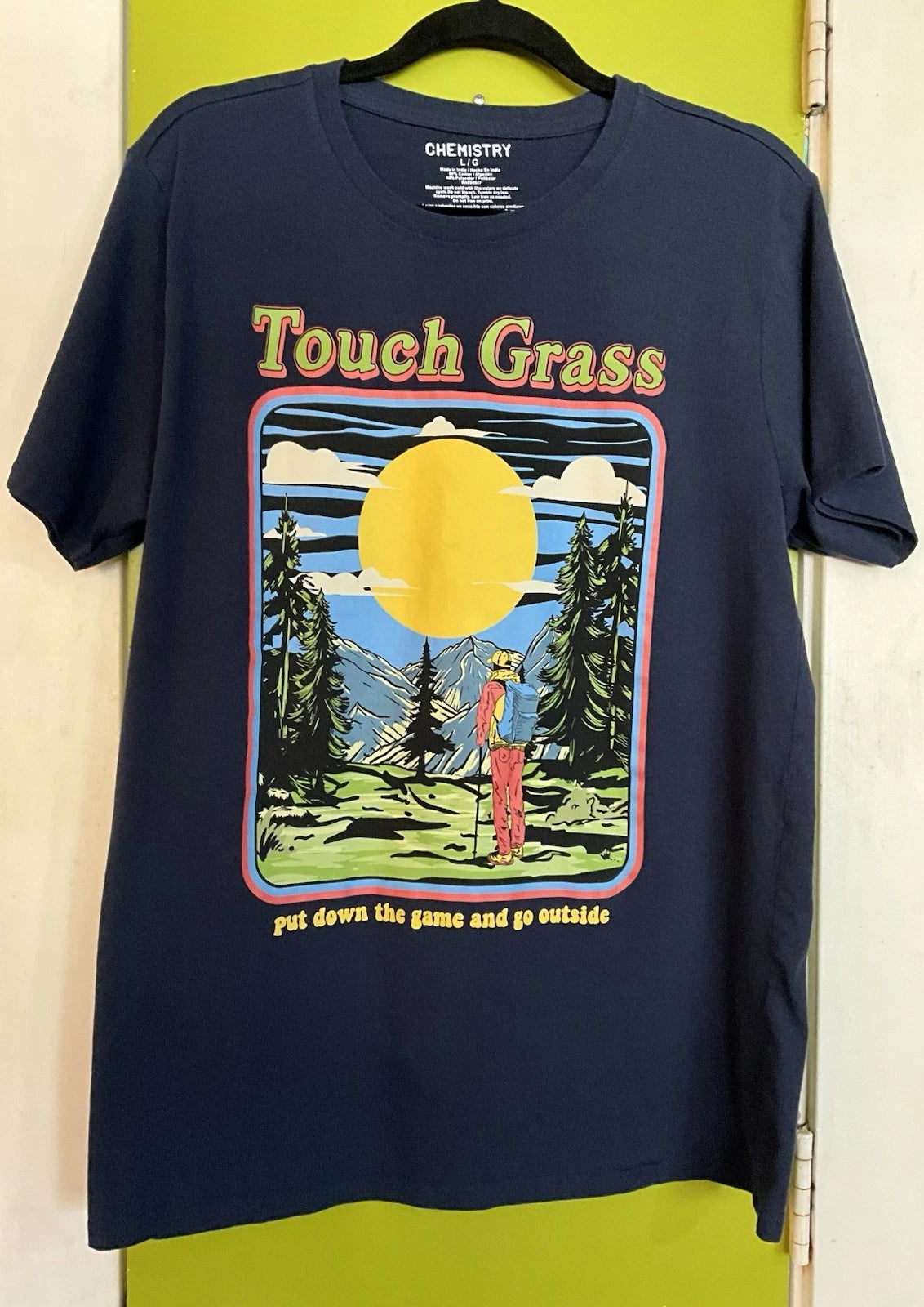 Chemistry TOUCH GRASS  Graphic T-Shirt L 40” Outdoors Camping Hiking Retro Navy
