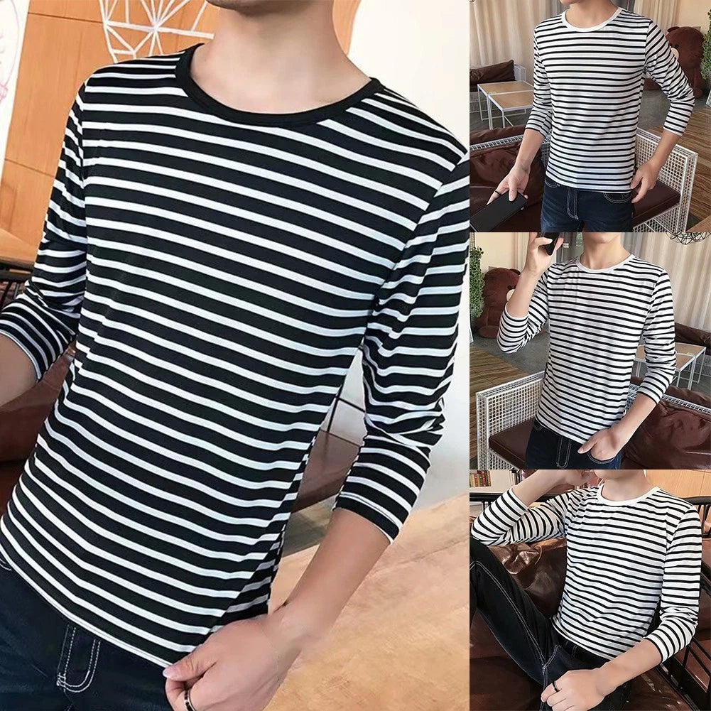 Fashionable Men's Long Sleeve Striped T Shirt Casual Tees for Modern Look