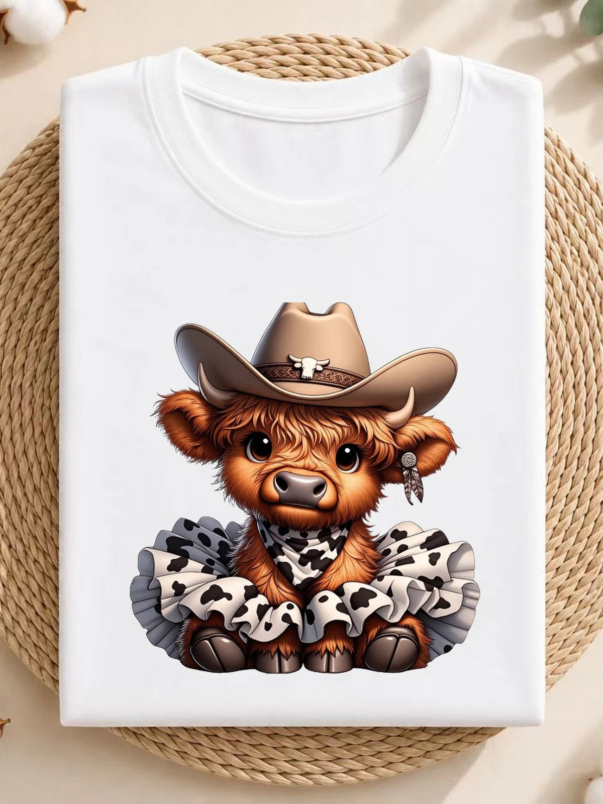 Highland Cow Cowboy Hat Ruffle Collar Cow Print Western Graphic Unisex Tee