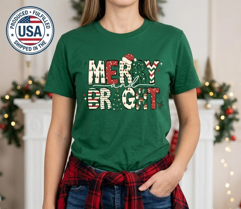 Merry And Bright Christmas T-Shirt Festive Holiday Xmas Graphic Tee Gift Image 1 of 4