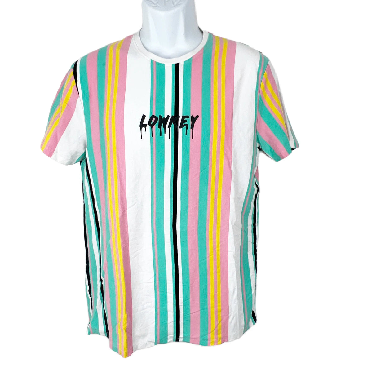 Vox Populi Shirt Men Large White Green Striped Low Key Spellout Short Sleeve Tee