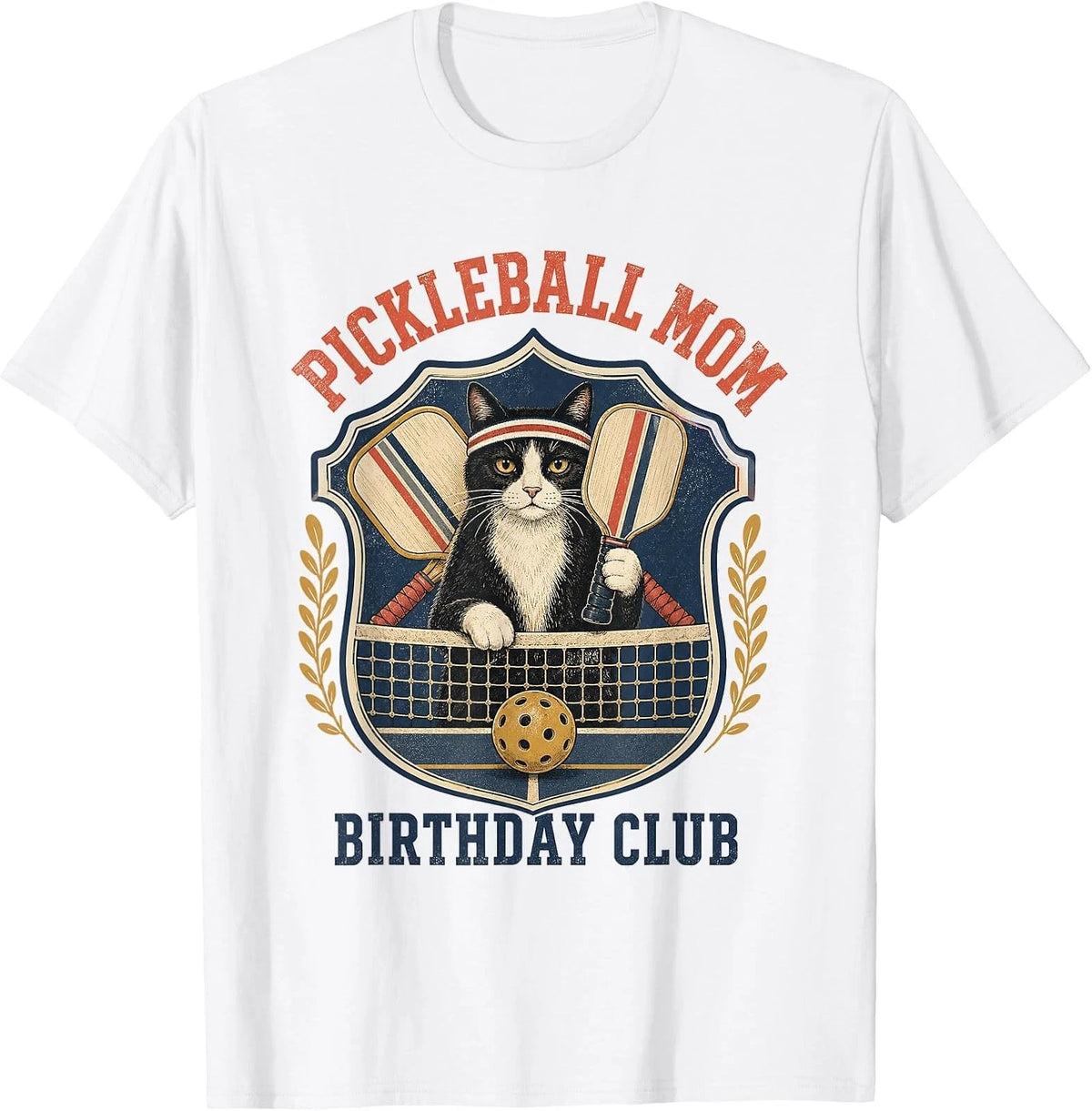 Retro Pickleball Mom Cat Birthday Celebration Tee