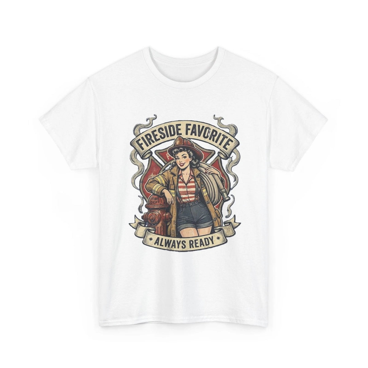 Fireside Favorite Pinup Firefighter Tee | Always Ready vintage badge