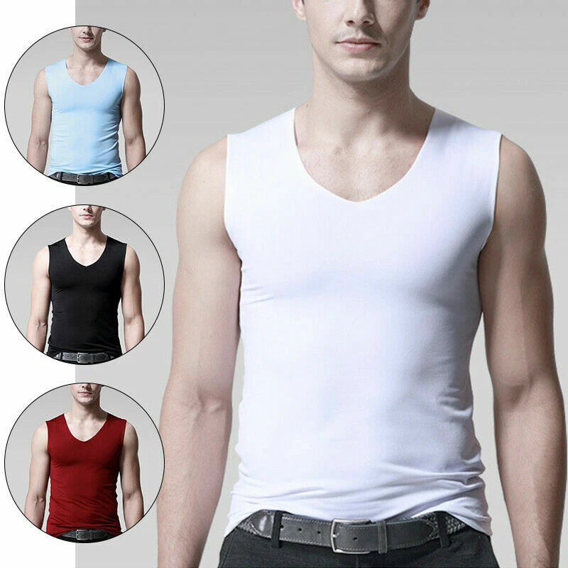 Mens Ice Silk Vest Sleeveless V-Neck Tank Top Underwear Seamless Basic T-Shirt ♢