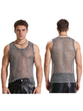 Men Vest Round Neck Top Trendy Tank Stretchy Fishnet Lightweight Sleeveless